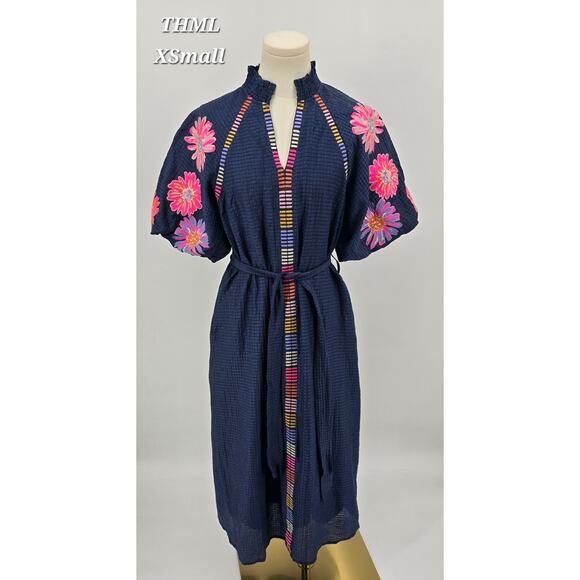 THML Navy Embroidered Puff Sleeve Textured Midi Dress XS - Picture 1 of 7